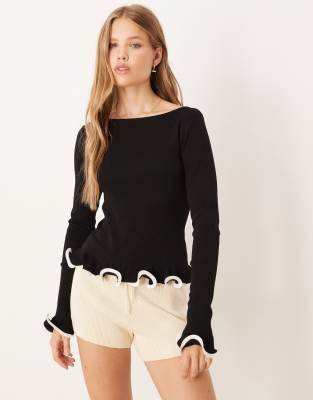 Gina Tricot Long Sleeve Flared Cuffs Knit Top In Black