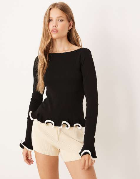 Gina Tricot long sleeve flared cuffs knit top in black - view 1