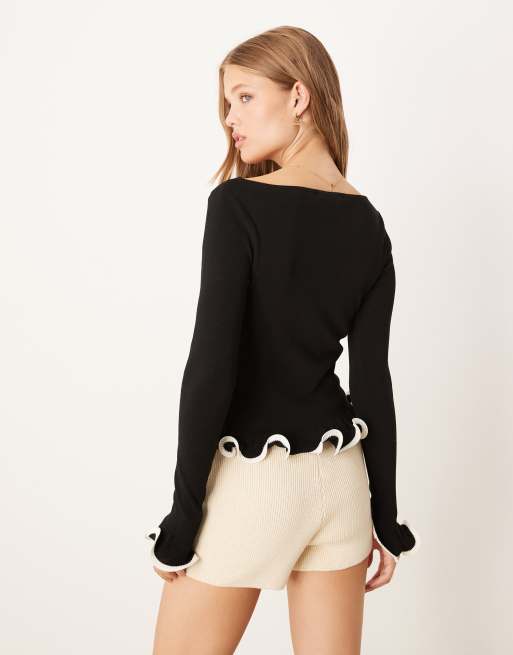 Gina Tricot long sleeve flared cuffs knit top in black, 2 of 4