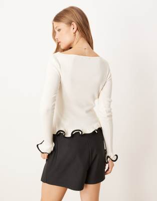 Gina Tricot Long Sleeve Flared Cuffs Knit Top In White
