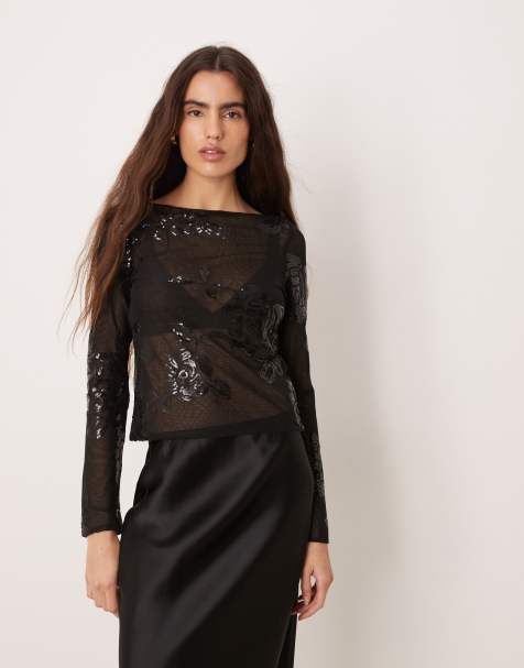 Gina Tricot long sleeve floral sequin top in black - view 1