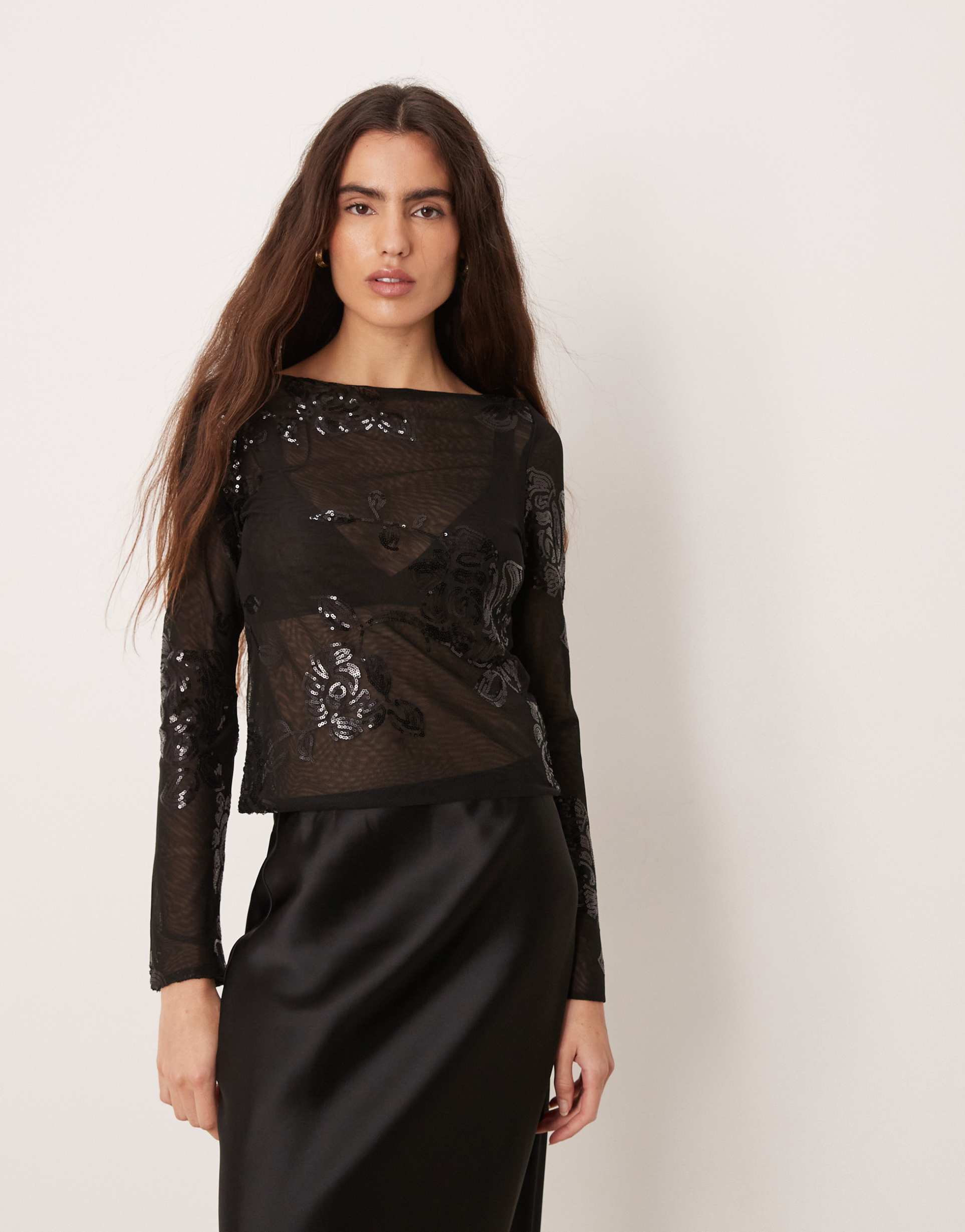 gina tricot long sleeve floral sequined top in black