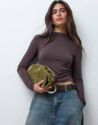 Gina Tricot long sleeve funnel neck top in off brown | ASOS