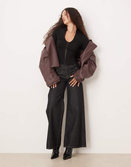 Gina Tricot long sleeve hook and eye corset style top in black, 2 of 4