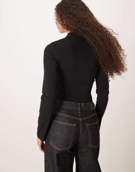 Gina Tricot long sleeve hook and eye corset style top in black, 4 of 4