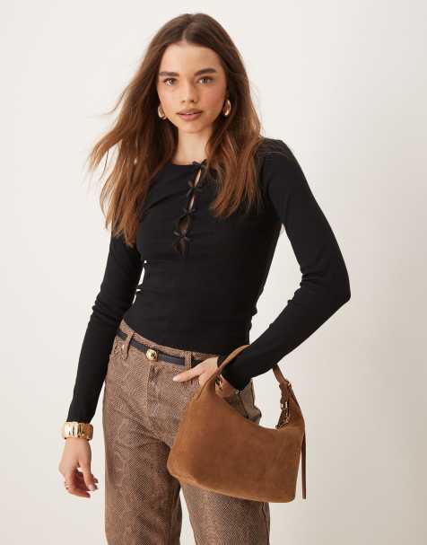 Gina Tricot long sleeve jersey top with bow tie detail front in black - view 1