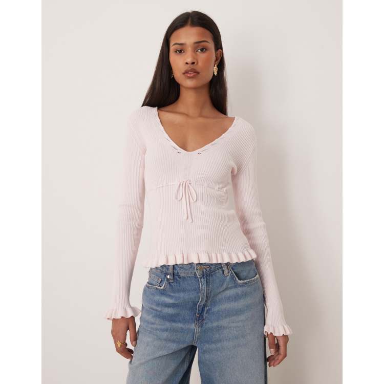 Gina Tricot long sleeve knit frill top in pink | ASOS