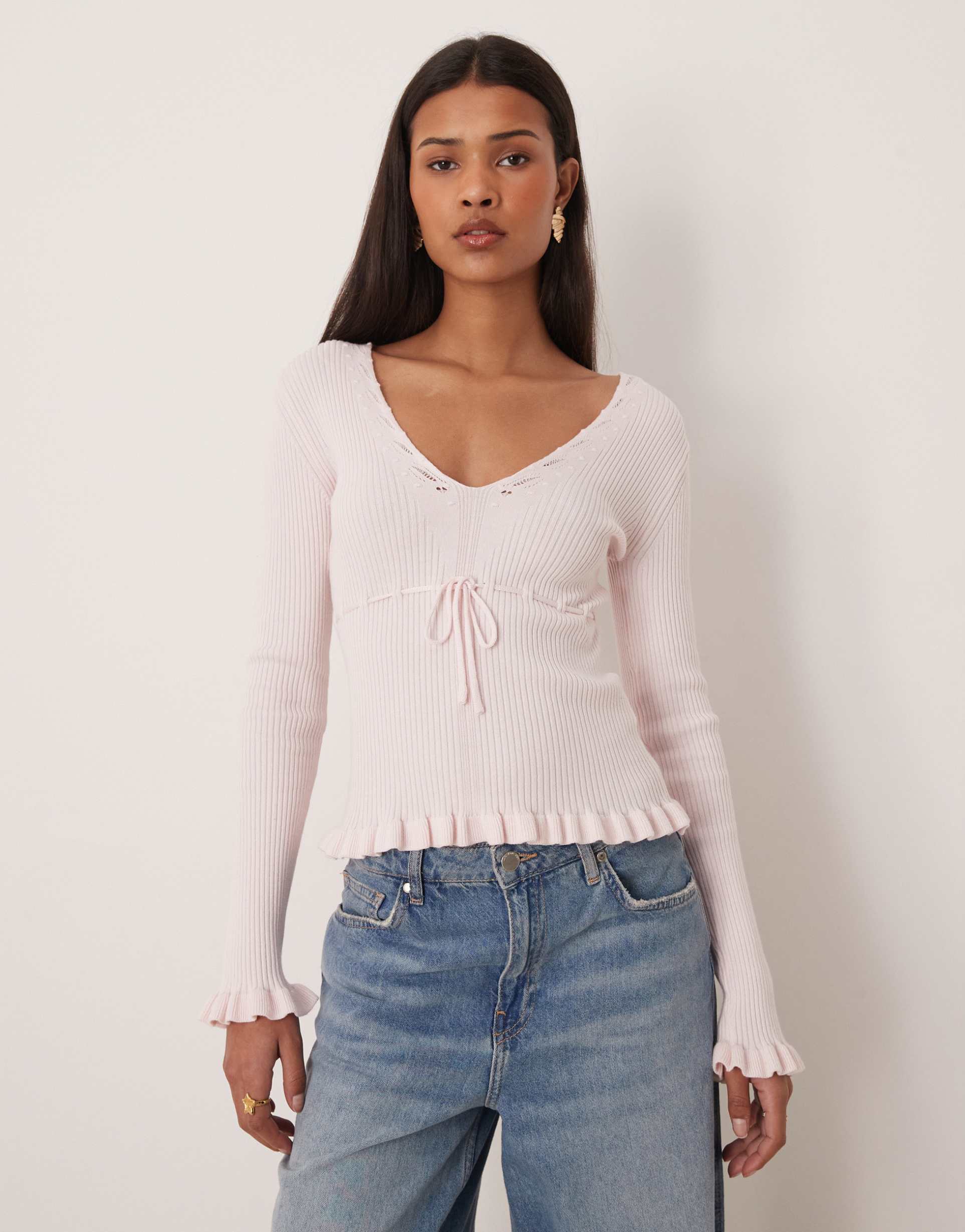 gina tricot long sleeve knit frill top in pink