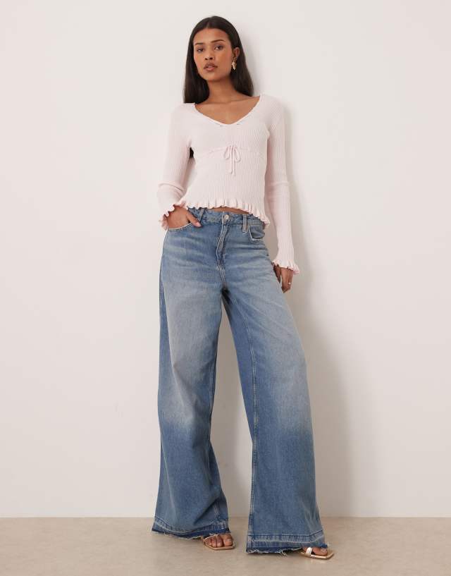 Gina Tricot long sleeve knit frill top in pink | ASOS