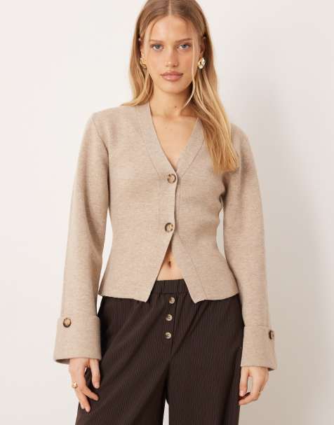 Gina Tricot long sleeve knit sculptured cardigan in beige - view 1