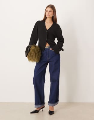 Gina Tricot Long Sleeve Knit Sculptured Cardigan In Black