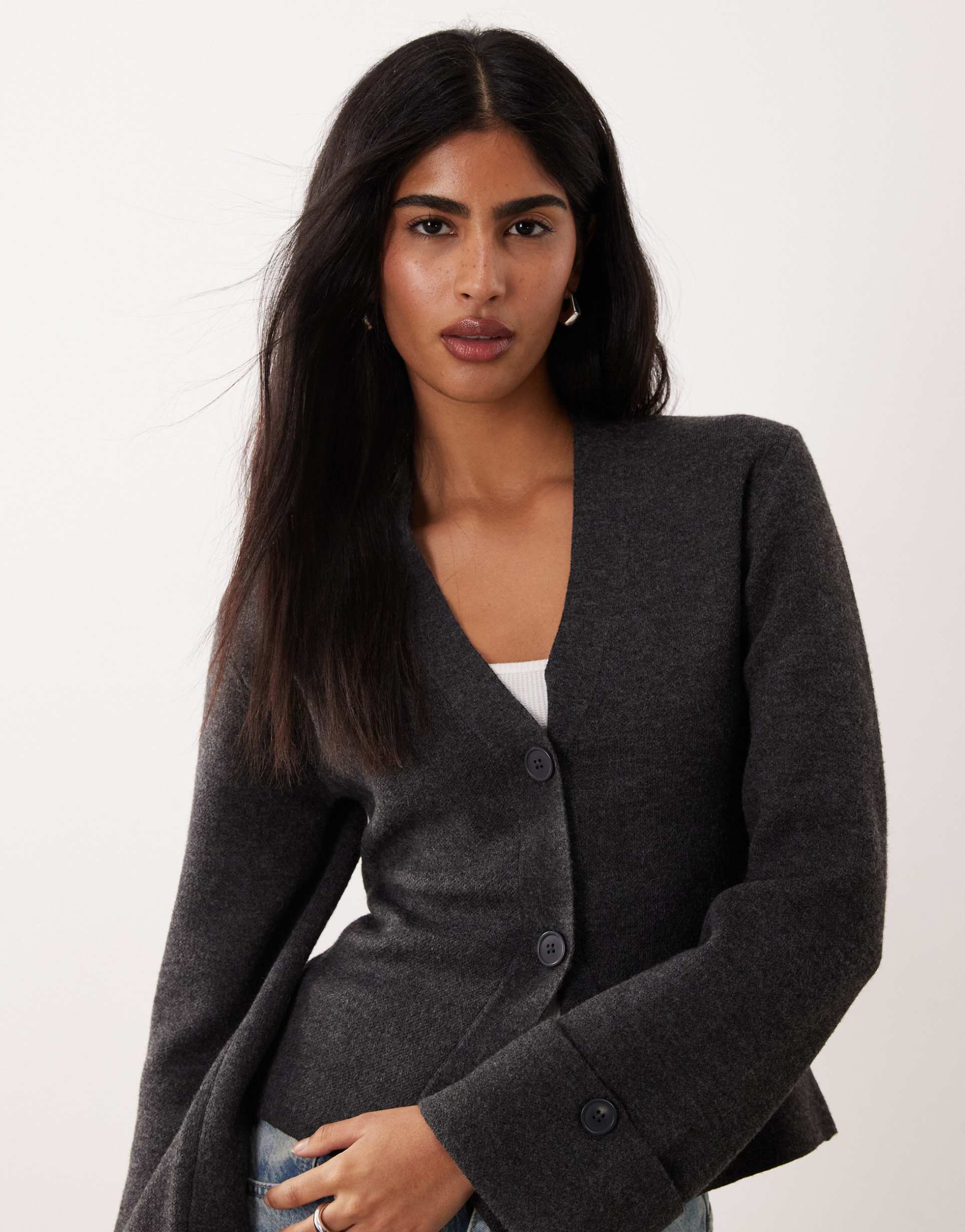 gina tricot long sleeve knit sculptured cardigan in dark heather gray