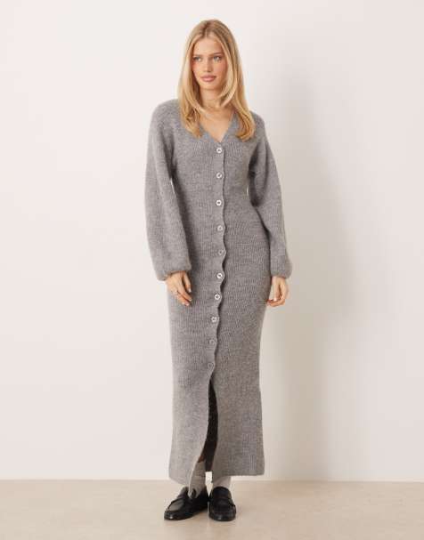 Gina Tricot long sleeve knit V-neck button down maxi wool dress in mid gray melange - view 1