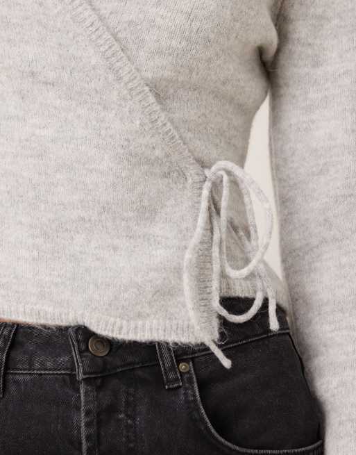 Gina Tricot long sleeve knit wool alpaca blend wrap cardigan in light heather gray