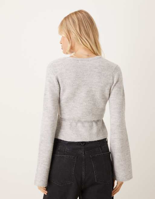 Gina Tricot long sleeve knit wool alpaca blend wrap cardigan in light heather gray