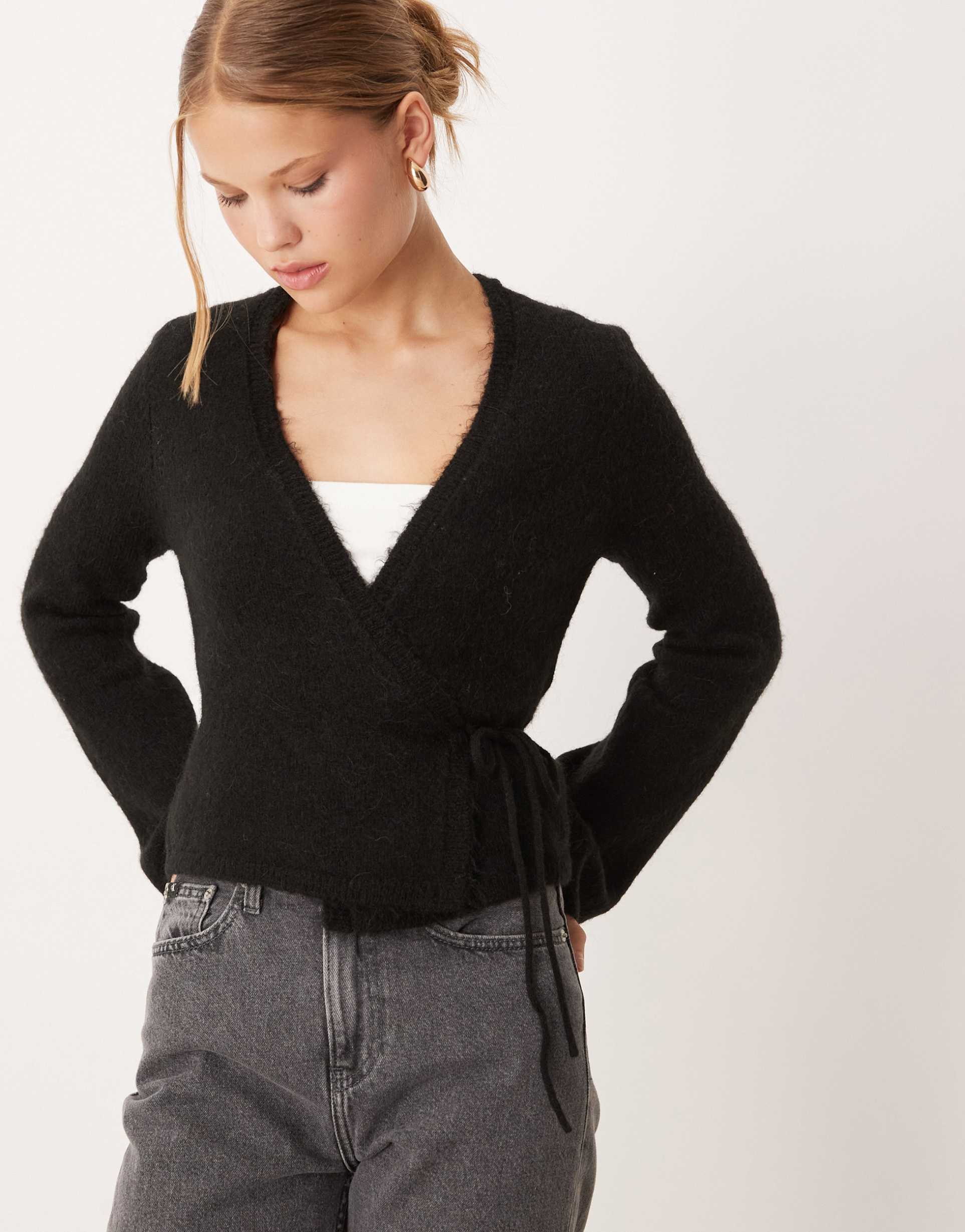 gina tricot long sleeve knit wool alpaca wrap cardigan in black