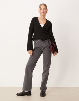 Gina Tricot Long Sleeve Knit Wool Alpaca Wrap Cardigan In Black