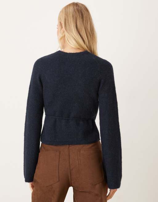 Gina Tricot long sleeve knit wool alpaca wrap cardigan in navy blue