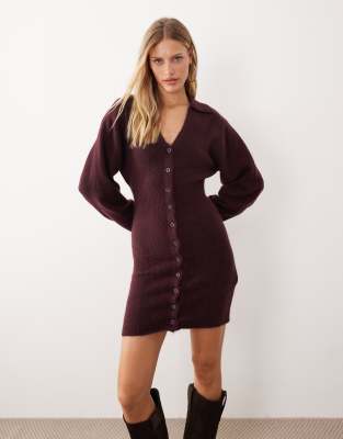 GINA TRICOT Gina Tricot long sleeve knitted button down mini dress in burgundy-Red