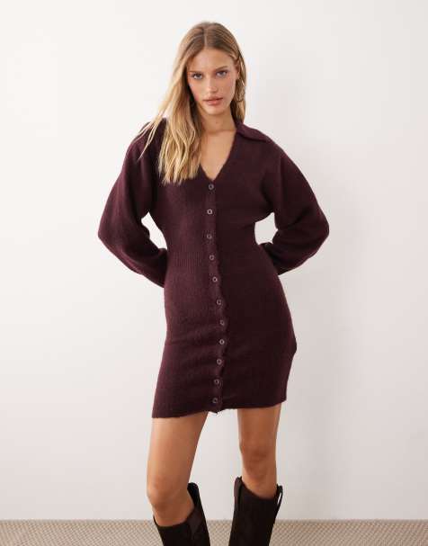 Gina Tricot long sleeve knitted button-down mini dress in burgundy - view 1