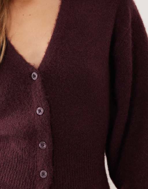 Gina Tricot long sleeve knitted button down mini dress in burgundy, 3 of 4