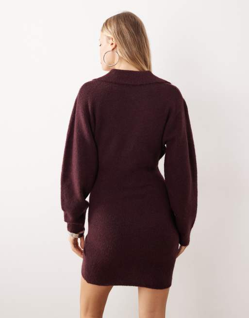 Gina Tricot long sleeve knitted button down mini dress in burgundy, 4 of 4