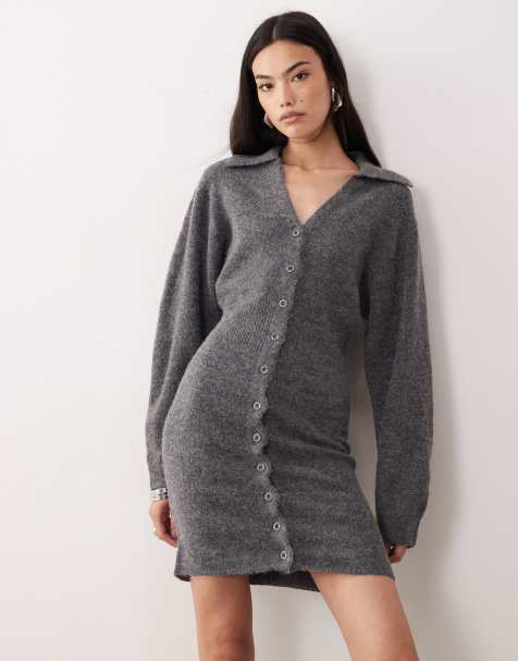 Gina Tricot long sleeve knitted button down mini dress in dark grey melange - view 1