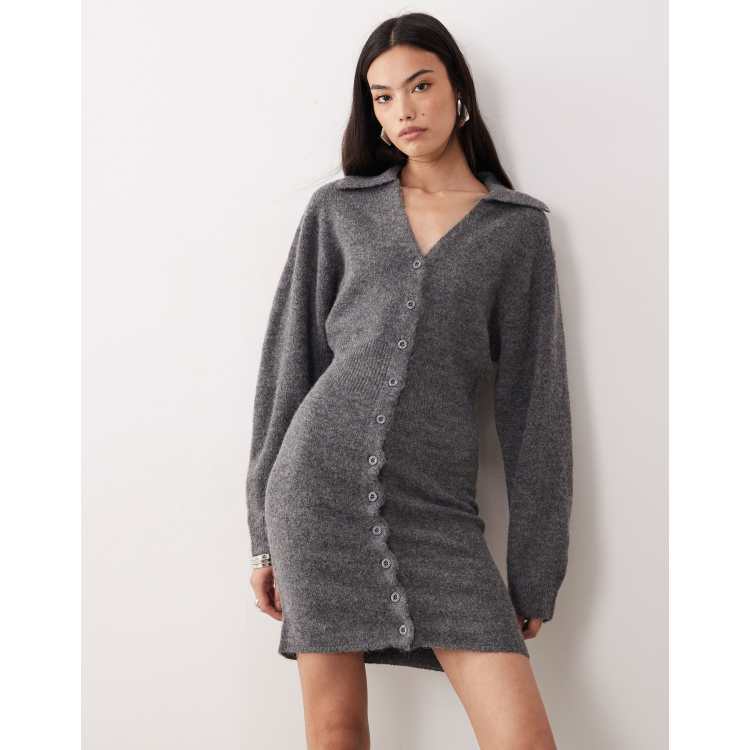 Gina Tricot long sleeve knitted button down mini dress in dark grey melange  | ASOS