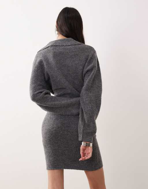 Gina Tricot long sleeve knitted button down mini dress in dark grey melange, 2 of 4