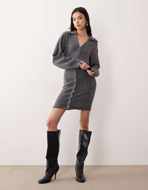 Gina Tricot long sleeve knitted button down mini dress in dark grey melange, 3 of 4