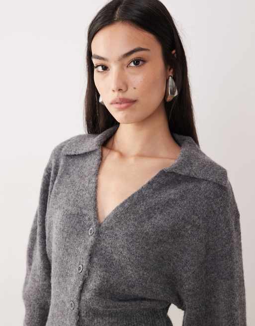 Gina Tricot long sleeve knitted button down mini dress in dark grey melange, 4 of 4