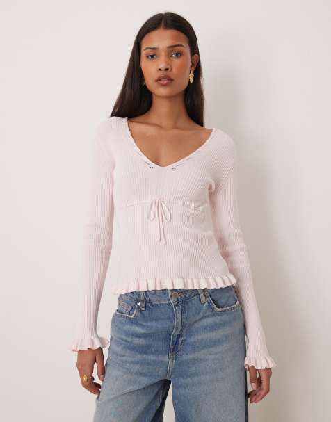 Gina Tricot long sleeve knitted frill top in pink