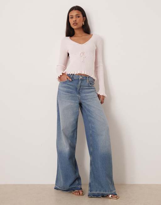 Gina Tricot long sleeve knitted frill top in pink, 2 of 4