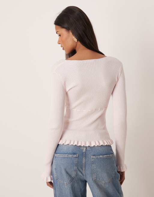 Gina Tricot long sleeve knitted frill top in pink, 4 of 4