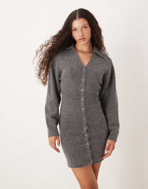 Gina Tricot long sleeve knitted v neck button down maxi wool dress in mid grey melange - view 1