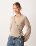 [GINA TRICOT] Gina Tricot long sleeve knitted wool-alpaca wrap cardigan in beige melange-Neutral L Beige melange