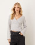 [GINA TRICOT] Gina Tricot long sleeve knitted wool alpaca wrap cardigan in light grey melange L Light grey melange