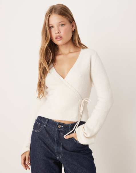 Gina Tricot long sleeve knitted wrap wool alpaca cardigan in cream - view 1