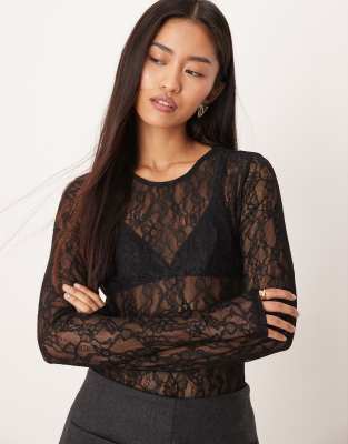 Gina Tricot Long Sleeve Lace Bodysuit In Black