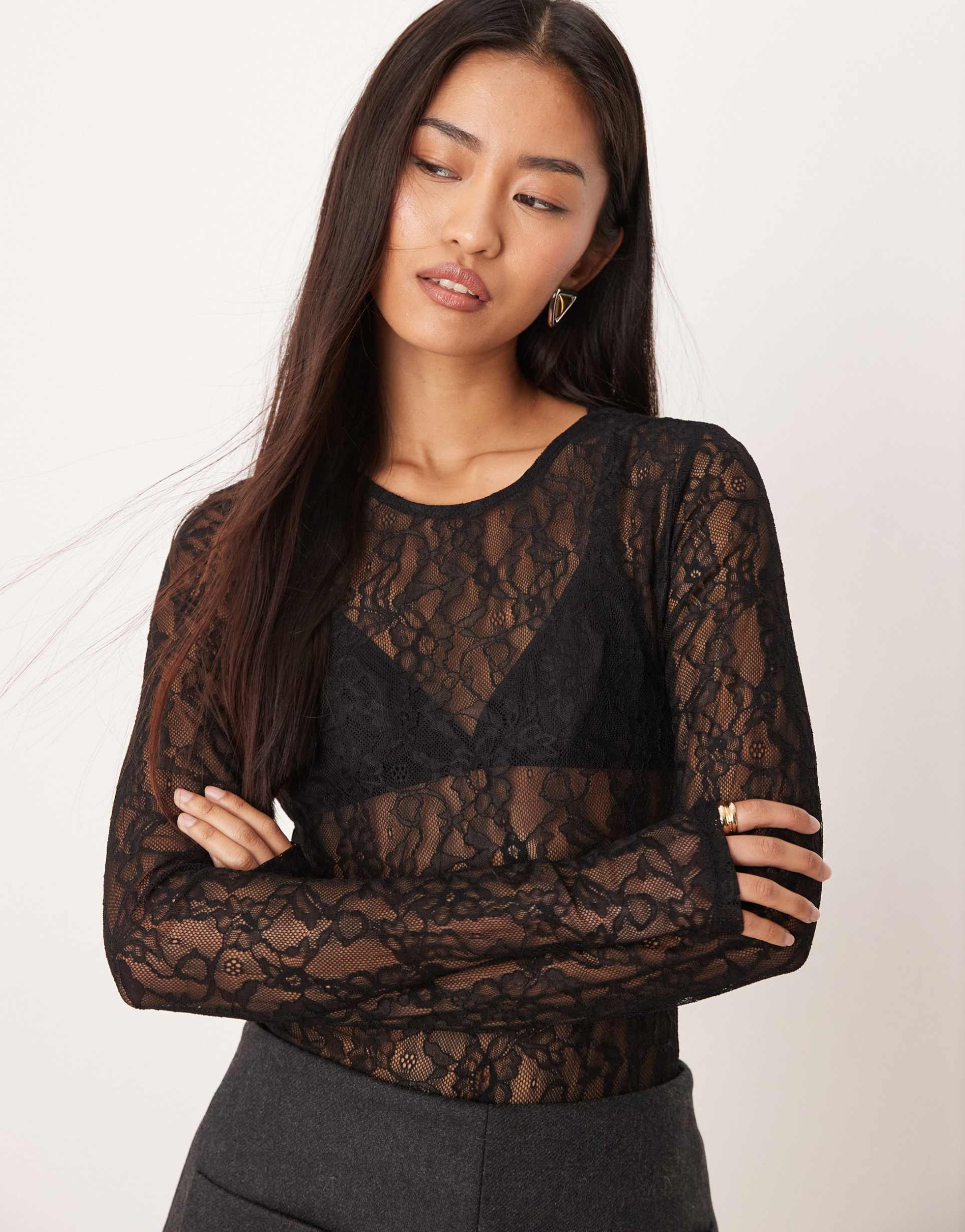 gina tricot long sleeve lace bodysuit in black