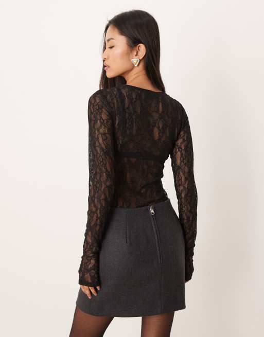 Gina Tricot long sleeve lace bodysuit in black, 4 of 4