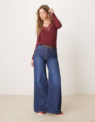 Gina Tricot long sleeve lace V-neck top in burgundy | ASOS