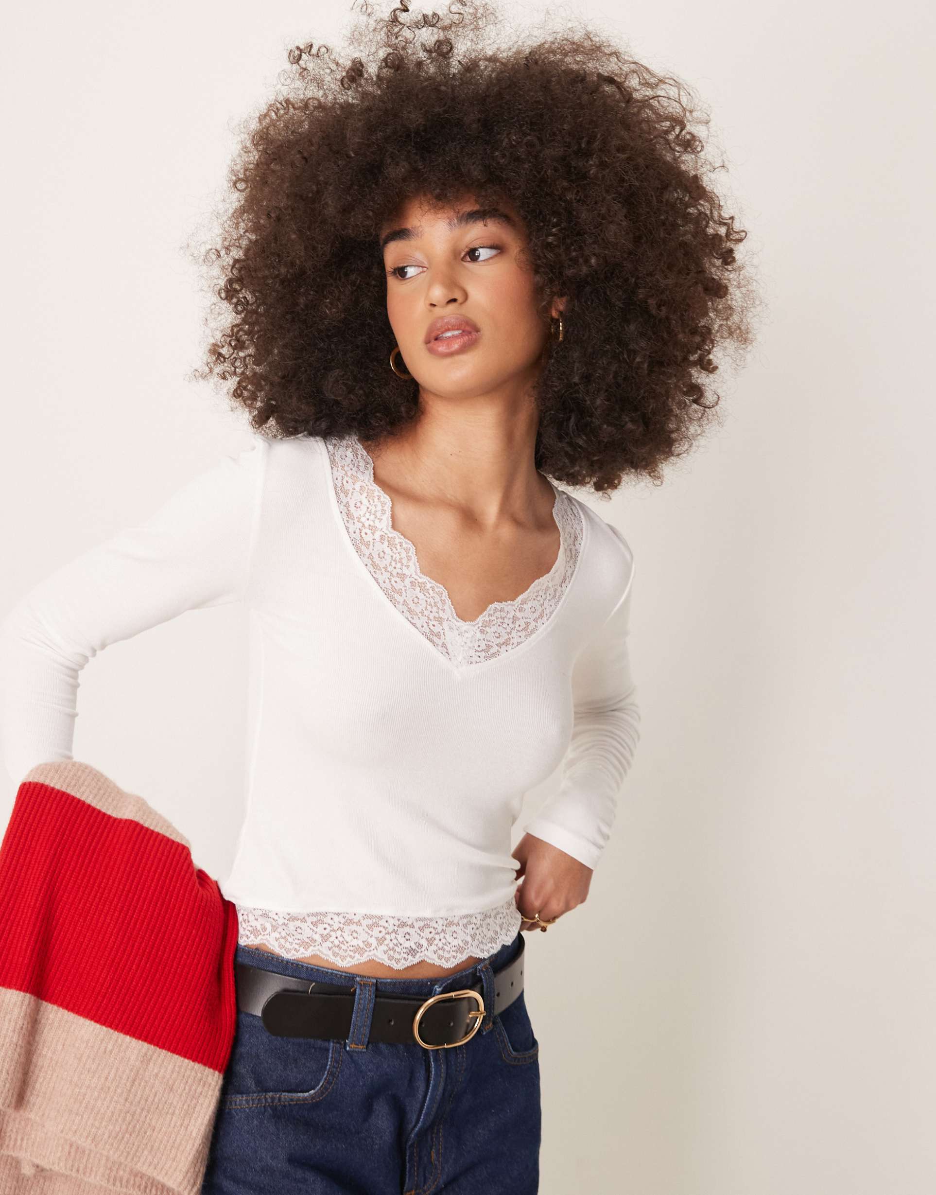 gina tricot long sleeve lace v neck top in off white