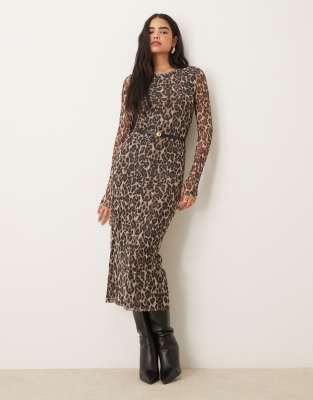 long sleeve midi mesh dress in leopard print-Brown