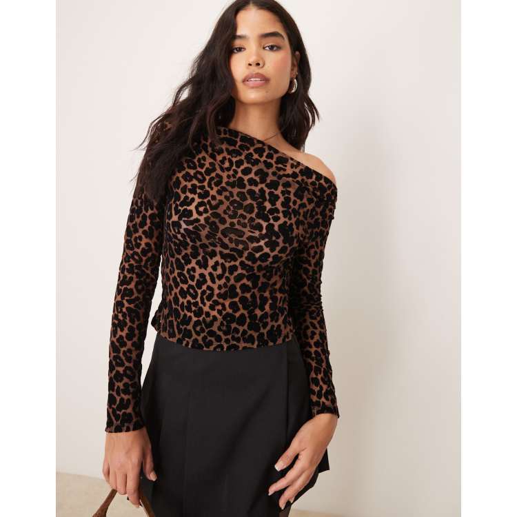 Gina Tricot long sleeve off shoulder asymmetric top in brown