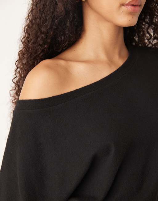 Gina Tricot long sleeve off shoulder top in black, 3 of 4