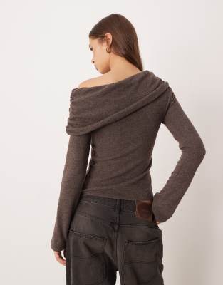 Gina Tricot Long Sleeve One Shoulder Draped Top In Brown