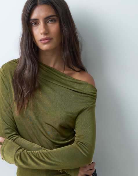Gina Tricot long sleeve one shoulder draped top in olive green shimmer - view 1