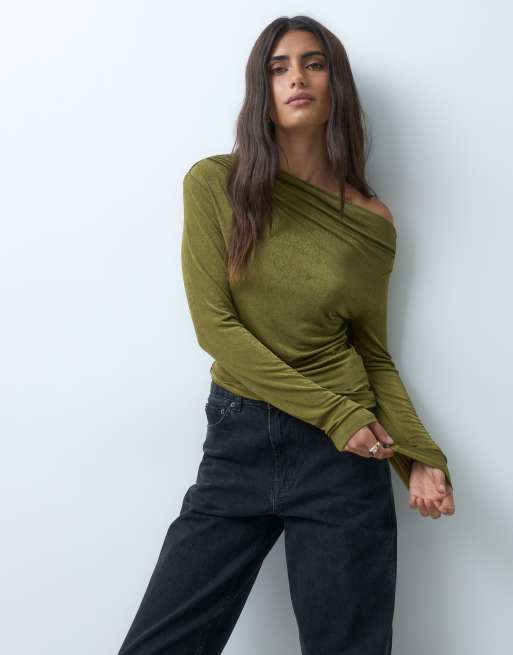 Gina Tricot long sleeve one shoulder draped top in olive green shimmer, 2 of 5