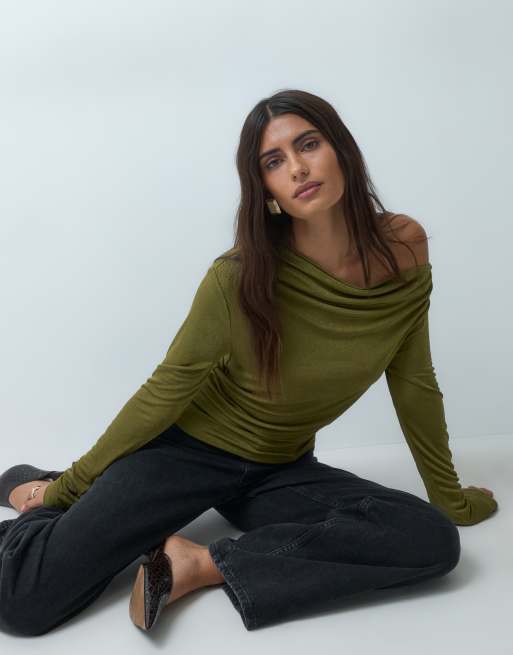 Gina Tricot long sleeve one shoulder draped top in olive green shimmer, 3 of 5